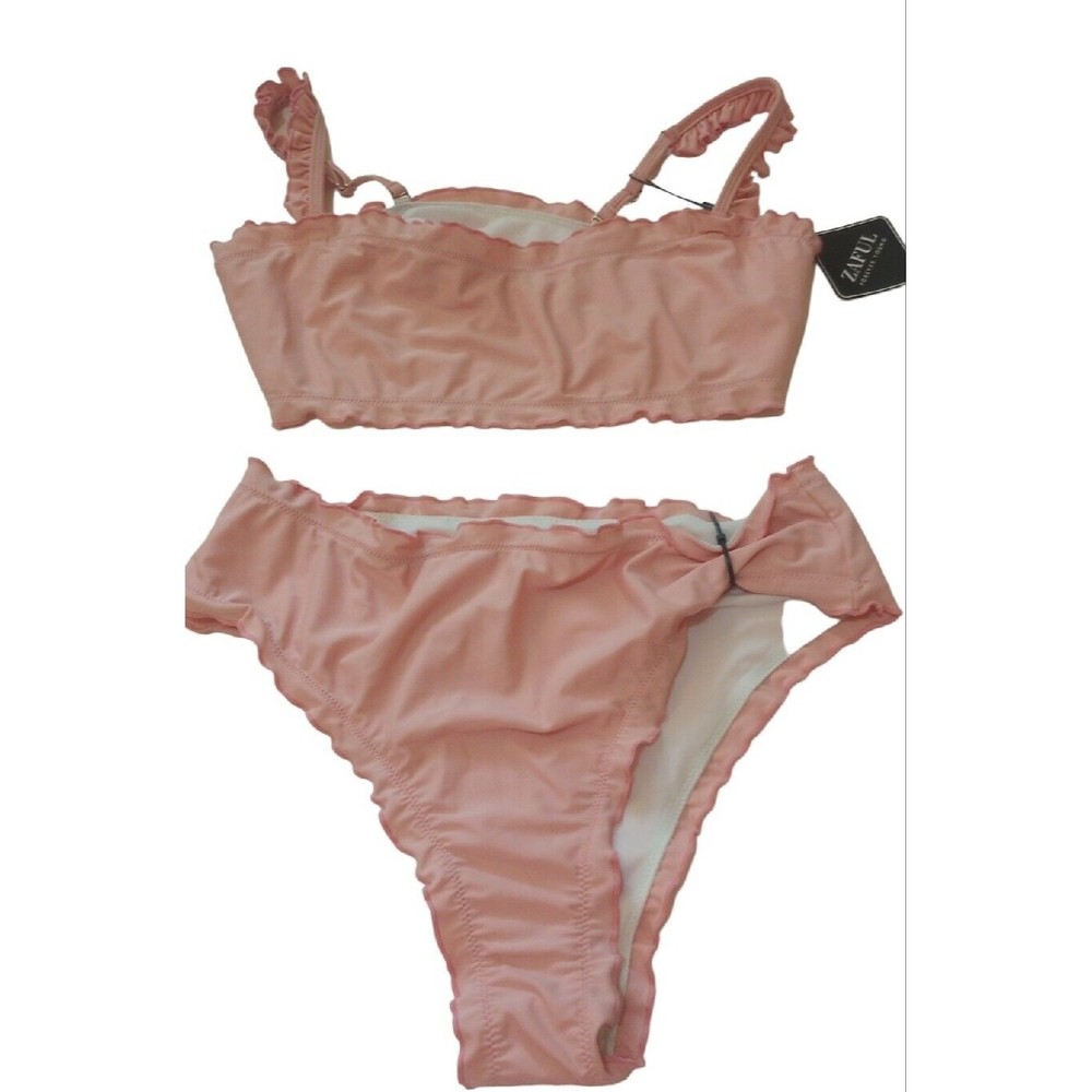 NWT ZAFUL Womens sz 8  Bikini Swimsuit Frilled Ruffles Baby Pink Bandeau